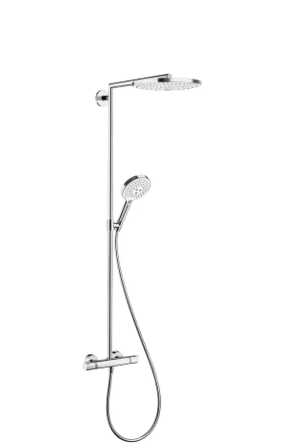Hansgrohe Duschsystem mit Wandstange, oberer Regenbrause und Handbrause, anschlussfertig mit Thermostat zur Regulierung der Wassertemperatur.